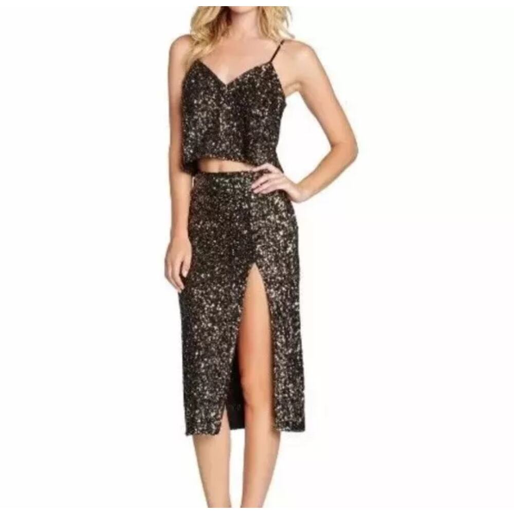 Dress The Population Chocolate Brown Sequin Skirt Cami Top Set L Party Club Date